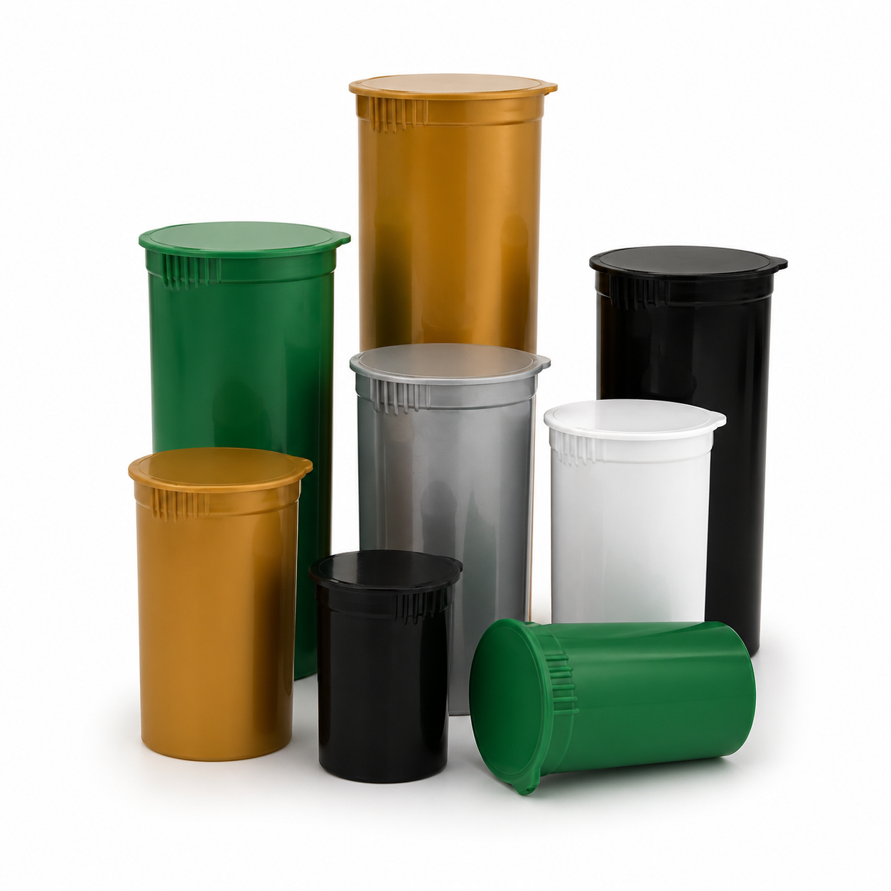 Wholesale pop top drams and child resistant vials in multiple sizes and colors