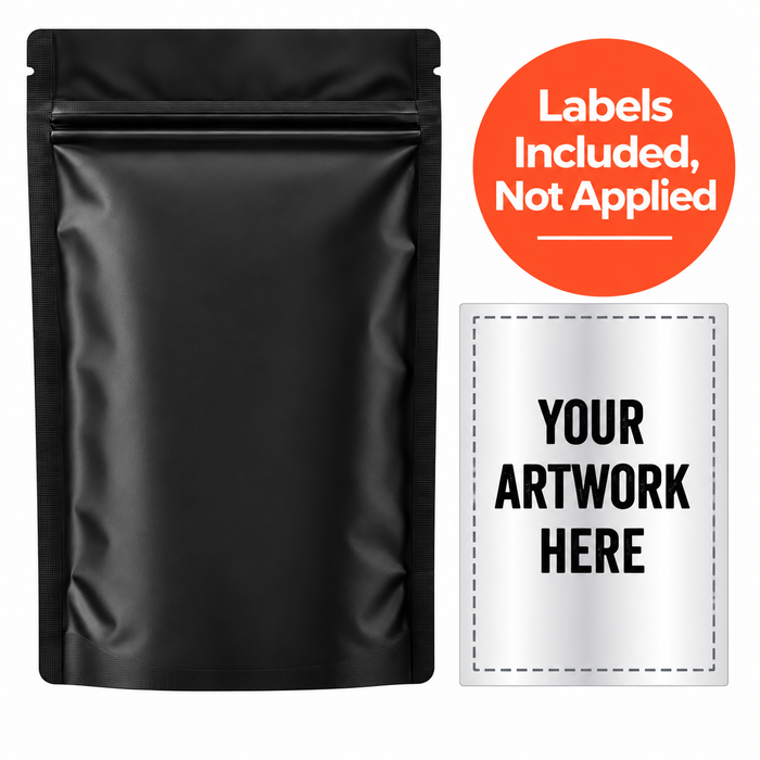 1 Oz Mylar Bag Opaque Black With Custom Labels-Mylar Smell Proof Bags