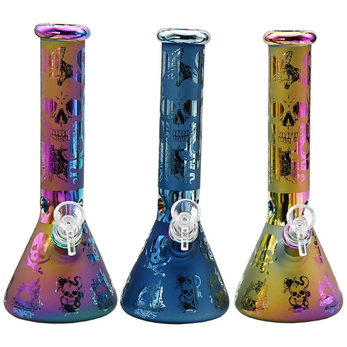 10" Skull Itched Water Pipe - Various Colors - (1 Count)-Hand Pipes, Rigs, & Bubblers