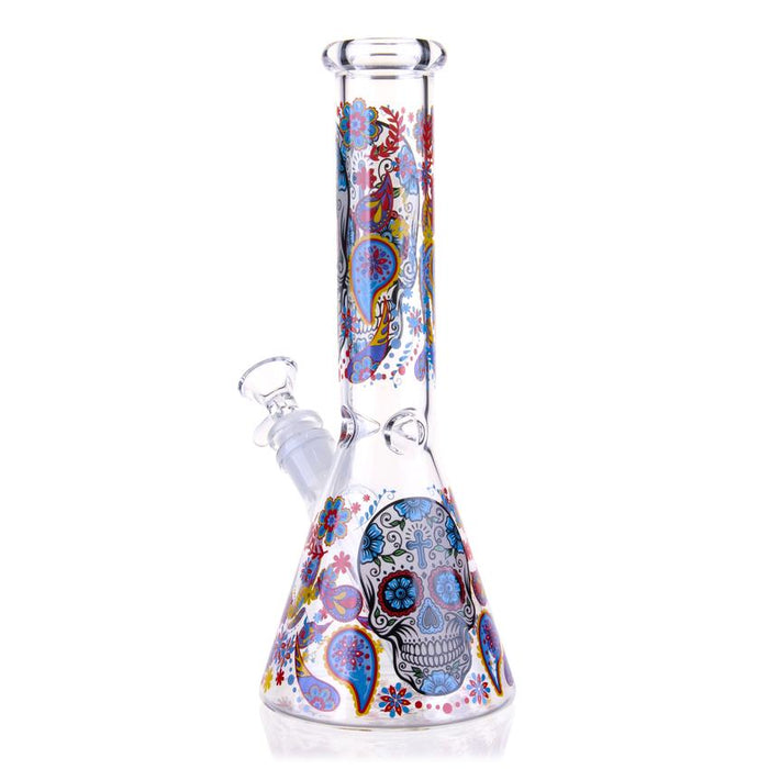 10″ Sugar Skulls Glass Bong Beaker Water Pipe - Colors May Vary - (1 Count)-Hand Pipes, Rigs, & Bubblers