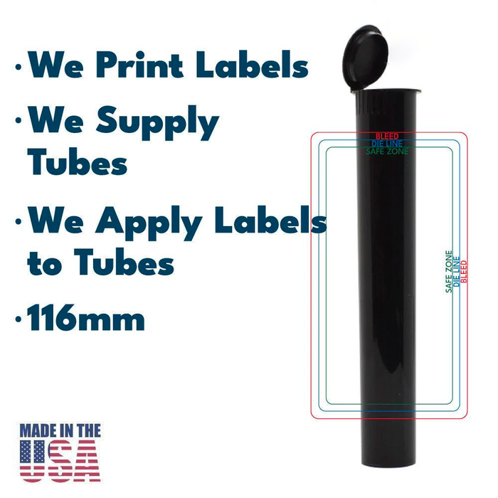 116mm Blunt Tube, with Printed Sticker and Application of sticker! Black, White or Clear Tubes-Custom Print Stickers