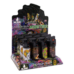 822 - Blink Gas Torch Display - Assorted Folk Monster Designs - (12 Count Display)-Lighters and Torches