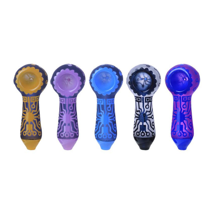 Clover 4" Tribal Etched Handpipe Colors May Vary (1 Count)-Hand Pipes-MJ Wholesale