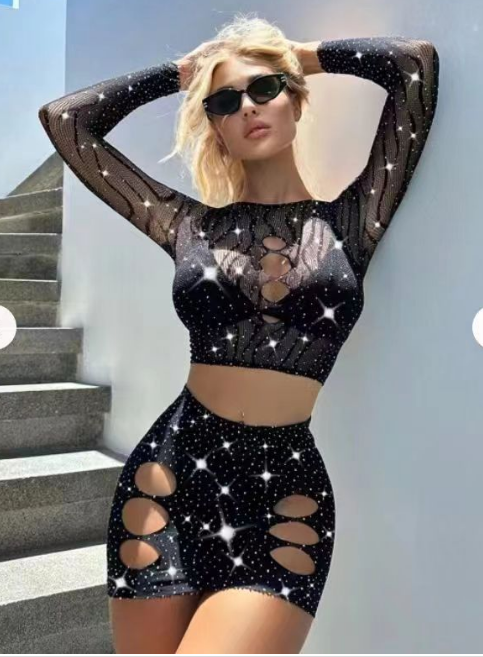 Rhinestone Skirt Set - Black rhinestone