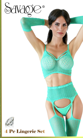 4 Pc Lingerie Set: Bikini Top, Garter Belt, Panty, Arm Warmers - Green