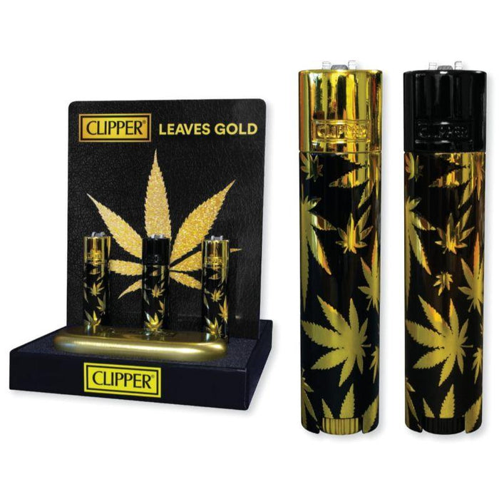 Clipper Lighters Full Metal Gold Leaves With Individual Case - (12 Count Display)-Lighters and Torches