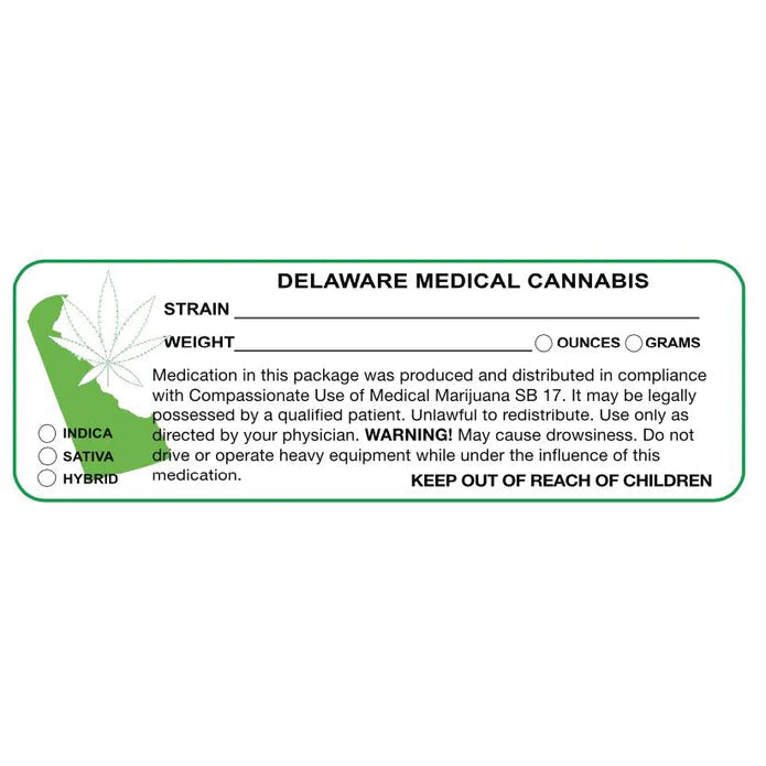 Delaware "Canna Strain & Weight Label" 1" x 3" Inch 1000 Count-Prescription Labels & State Compliant Labels