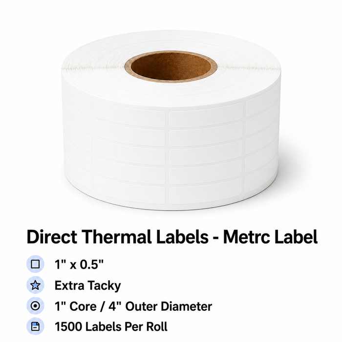 Direct Thermal Labels - Metrc Label - 1" x 0.5" - Extra Tacky - 1" Core / 4" Outer Diameter - (1500 Labels Per Roll)-Stock Labels-MJ Wholesale