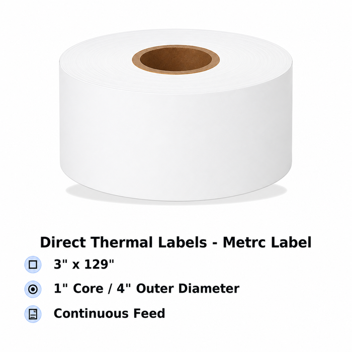 Direct Thermal Labels - Metrc Label - 3" x 129" - 1" Core / 4" Outer Diameter - (Continuous Feed)