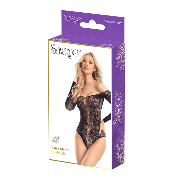 Lacy Sleeve Bodysuit - Black-BeSavage Lingerie-MJ Wholesale