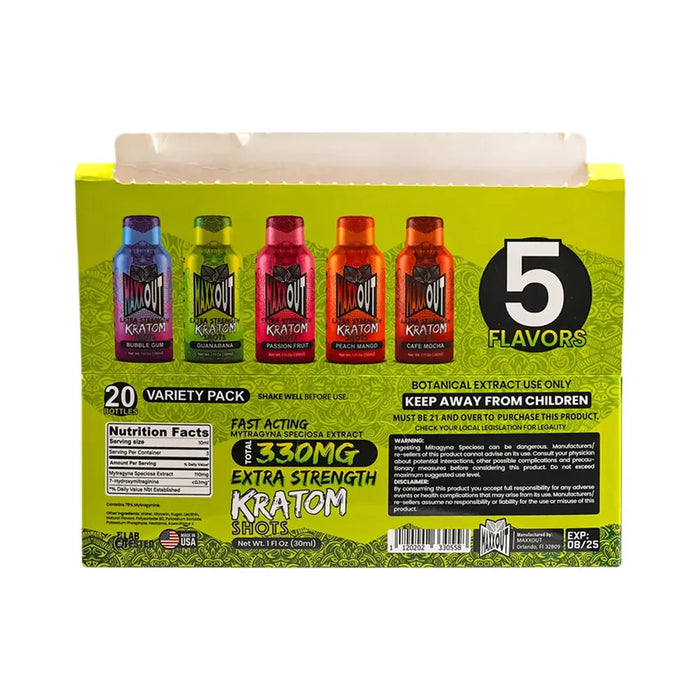 MaxxOut Kratom 330mg Extract Shots - Assorted Display - (20 Count Display)-Dietary Supplements