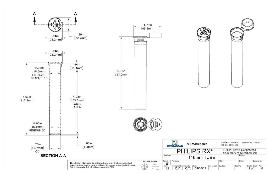 Philips RX 116mm Blunt Tube - Black - CPSC Child Resistant - (500 - 30,000 Count)-Joint Tubes & Blunt Tubes