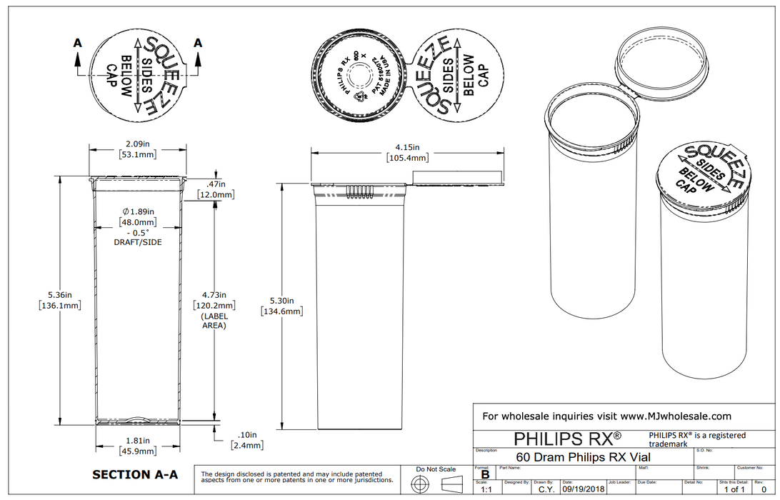 Philips RX 60 Dram Pop Top Vial - 1/2 Oz - Child Resistant - Smoke Black - Translucent (75 Count)-Pop Top Vials