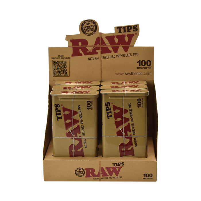 RAW Authentic Pre-Rolled Tips Tin - 100 Tips Per Tin - (6 Count Display)-Papers and Cones