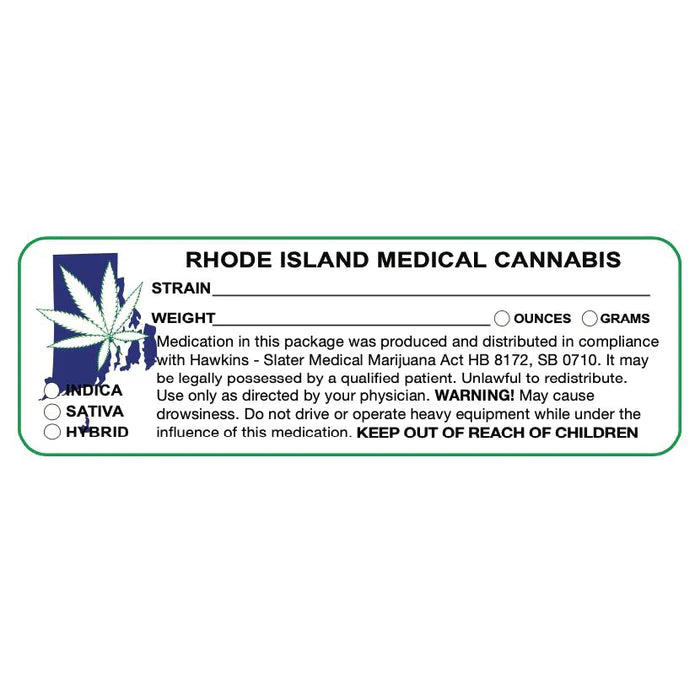 Rhode Island "Canna Strain & Weight Label" 1" x 3" Inch 1000 Count-Prescription Labels & State Compliant Labels