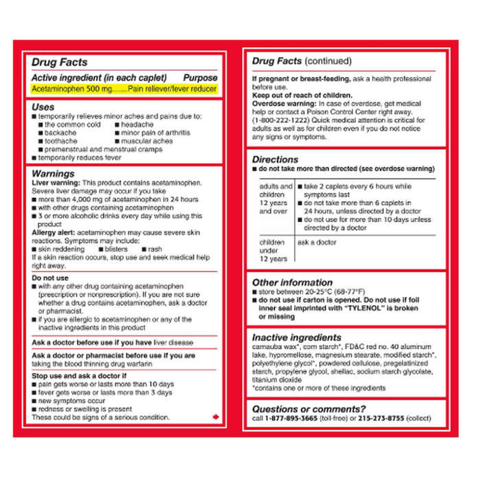 TYLENOL Extra Strength Pain Reliever & Fever Reducer Caplets – 500mg – 2/Packet – (50 Count)-Dietary Supplements