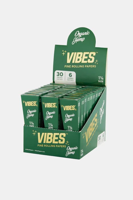 Vibes Organic Hemp Cones 1 1/4 Size - (30 Packs Per Box - 6 Cones Per Pack)-Papers and Cones
