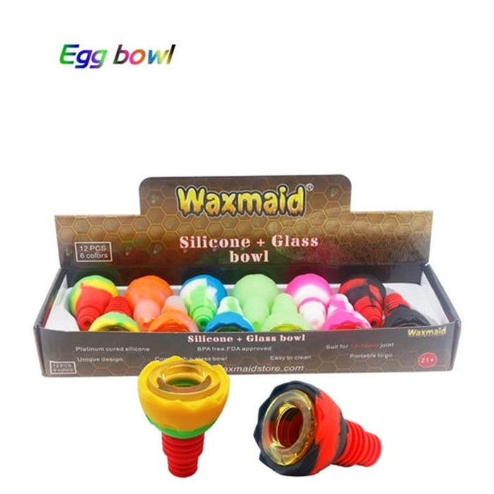Waxmaid 14mm-18mm Egg Silicone And Glass Bowl Display - (12 Count Display)-Hand Pipes, Rigs, & Bubblers