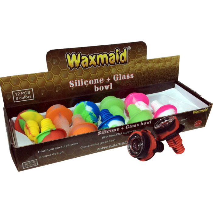 Waxmaid 14mm-18mm Hat Silicone And Glass Bowl Display - (12 Count Display)-Hand Pipes, Rigs, & Bubblers
