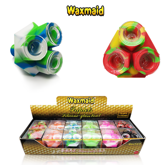 Waxmaid 14mm-18mm Triplets Bowl Silicone And Glass Bowl Display - (12 Count Display)-Hand Pipes, Rigs, & Bubblers