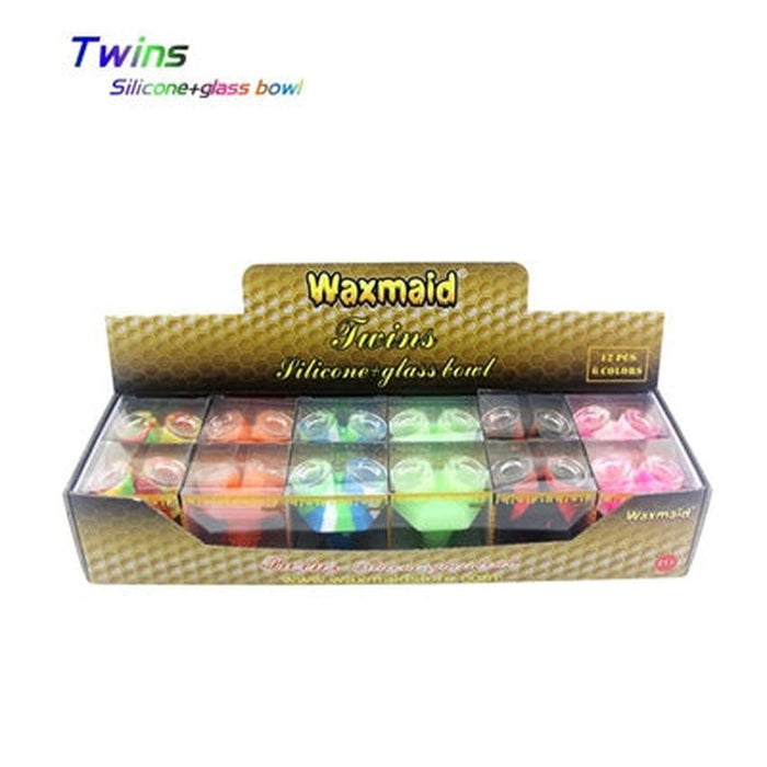 Waxmaid 14mm-18mm Twins Bowl Silicone And Glass Bowl Display - (12 Count Display)-Hand Pipes, Rigs, & Bubblers