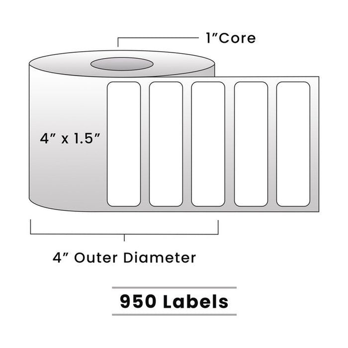 Zebra Direct Thermal Labels - 4" x 1.5" - 1" Core / 4" Outer Diameter - (950 Labels Per Roll)-Stock Labels