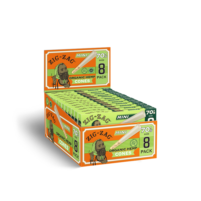 Zig-Zag 70s Mini size Organic Hemp Cones - 8pk - (18 Boxes Per Display)-Papers and Cones