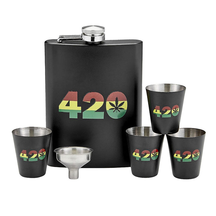 420 Rasta Flask Set With Shot Glasses & Funnel - (1 Count)-Novelty, Hats & Clothing