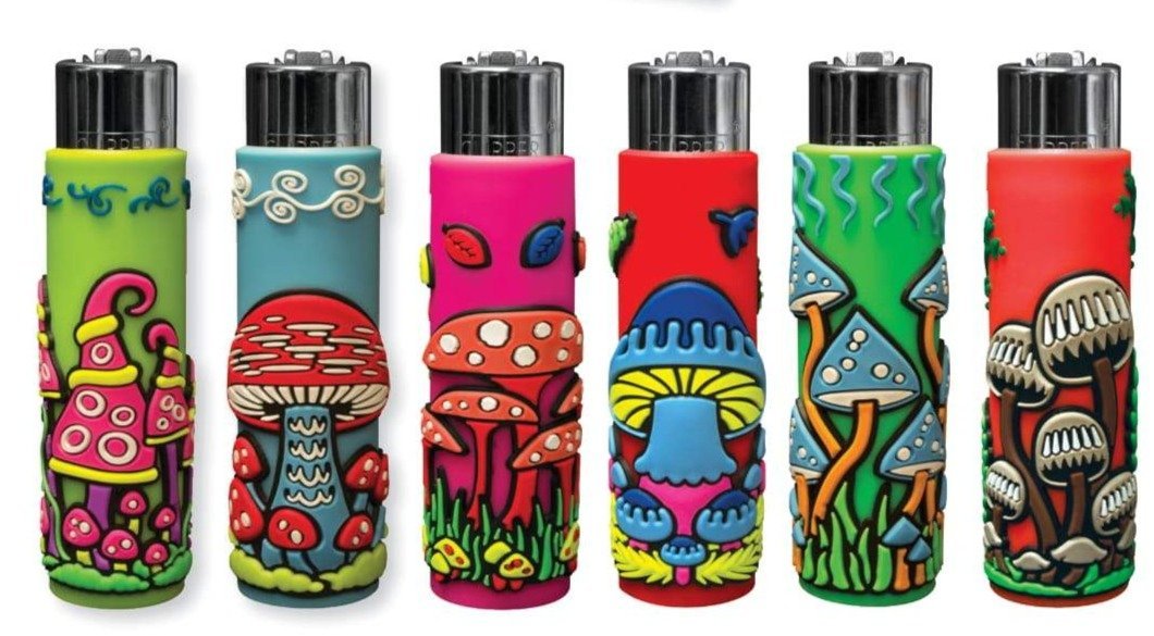 Clipper Pop-Up Mushrooms Rubber Covered Hand Sewn Refillable Lighters Lot of 6