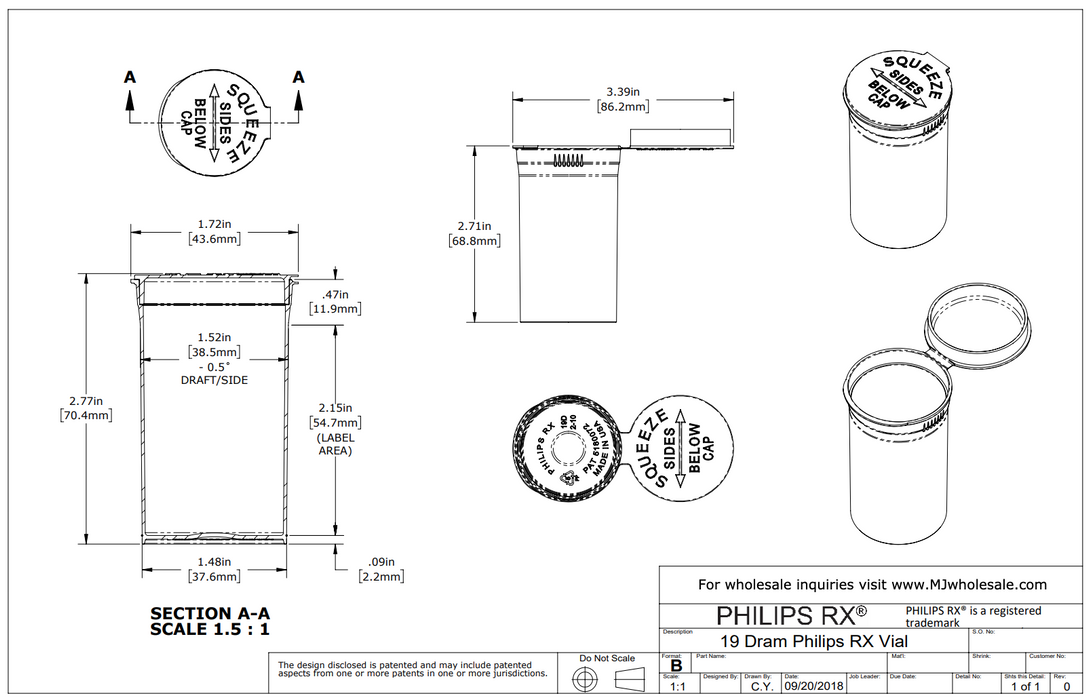 Philips RX 19 Dram Pop Top Vial - 1/8 Oz - Child Resistant - Translucent Clear (225 Count)-Pop Top Vials